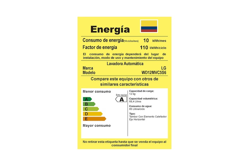 Etiqueta energética de la lavadora LG wd12mvc5s6.